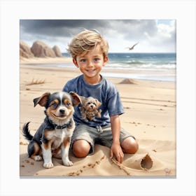 Little Boy With Dogs On The Beach Canvas Print
