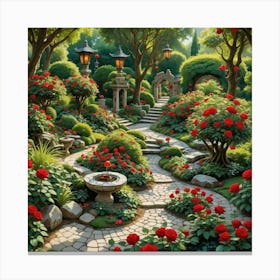 Bonsai Trees And Red Roses Canvas Print