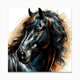 Black Mustang Horse Head Portrait Creative Color Drawing Canvas Print