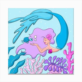 Playful and beautiful swimming mermaid in pink, purple, and blue Canvas Print