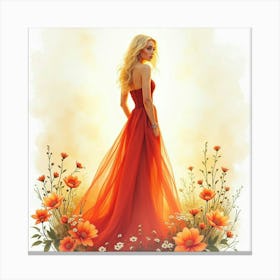 Lady Gaga Watercolor, In A Flowing Gown, Framed By Golden Light And Flowers 1 Canvas Print