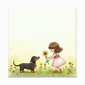 A Dachshund And A Girl In A Sundress Picking Flowers In A Meadow, Watercolor Canvas Print