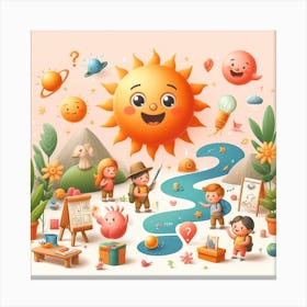 Cartoon Sun With Children Canvas Print