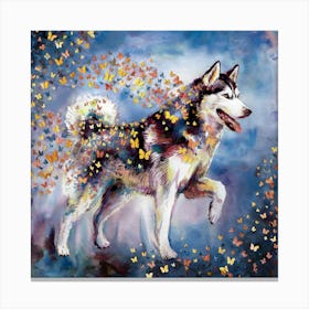 Husky Dog With Butterflies Canvas Print