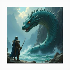 A Warrior In Enchanted Armor Fighting A Sea Serpent 1 Canvas Print