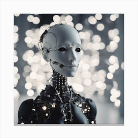 Porcelain And Hammered Matt Black Android Marionette Showing Cracked Inner Working, Tiny White Flowe (4) Canvas Print