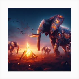 Elephants By The Campfire Canvas Print