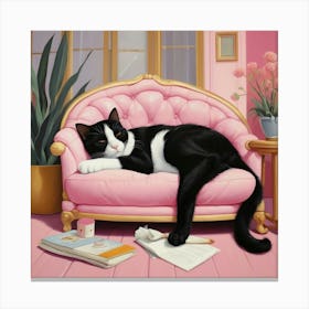 Default Cat Nap Tuxedo Cat Napping In Pink Interior Art 3 Canvas Print