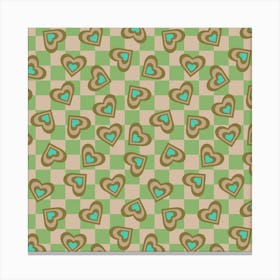 LOVE HEARTS CHECKERBOARD Tossed Retro Alt Valentines in Olive Sand Turquoise on Cream Green Geometric Grid Canvas Print