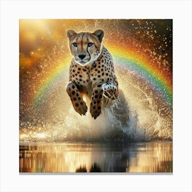 Cheetah Jumping In Water With Rainbow Canvas Print
