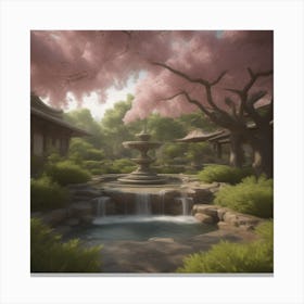 A water flowing fountain in the foreground of the picture, sparkling in the sunlight, beautifully shaped decorative stone arrangements by the water fountain, A Japanese xen inspired garden with... Canvas Print