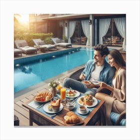 Couple Having Breakfast By The Pool Canvas Print