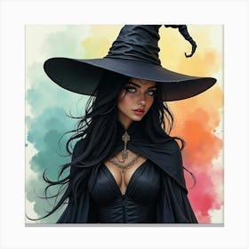 Black Magic Enchantress With A Colorful Watercolor Backdrop 1 Canvas Print