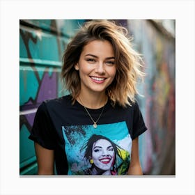 Confident Young Woman Smiles Wearing A Stylish T Shirt Mid Shot Vibrant Urban Background With Gra (3) Canvas Print