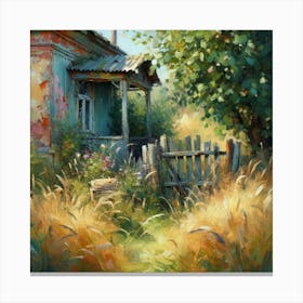 House And Overgrown Grass In The Countryside, Acrylic Painting Style Canvas Print