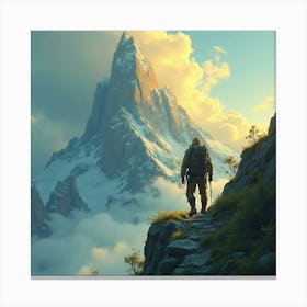 A hiker stands on a rocky path in a mountainous landscape under a colorful sky at sunset near towering peaks Canvas Print