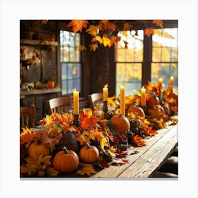 Autumn Table Decor Sprawling Across A Rustic Wooden Table Scattered Bright Orange Pumpkins Accompan (1) Canvas Print