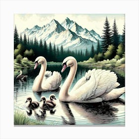 Swan Family in Mountain Lake Color Painting - Wild Bird Artwork 172 Canvas Print