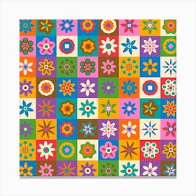 FLORAL COTTAGE CHECKERBOARD Flower Grid in Bright Retro Vintage Colours Canvas Print