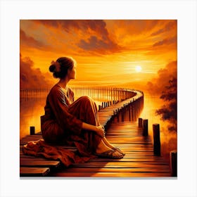 Woman Sitting On A Bridge At Sunset - Serene Wall Art Canvas Print