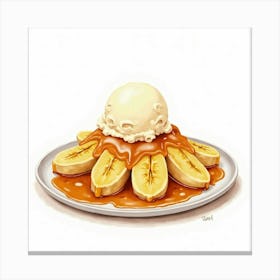 A Delicate Watercolor Portrait Of A Classic Banana Foster With Caramelized Bananas And Vanilla Ice Cream Canvas Print