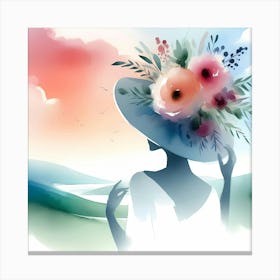 Watercolor Woman With Flowers In Hat Canvas Print