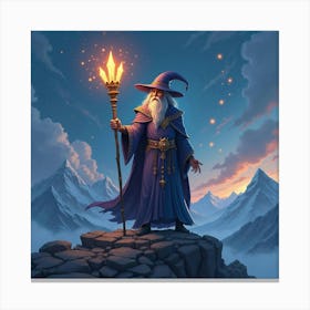 A Sorcerer With A Staff Of Glowing Crystals Standing On A Mountain Peak Canvas Print