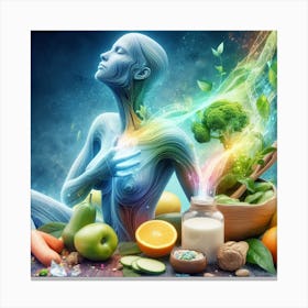 Woman Meditating With Fruits And Vegetables Canvas Print