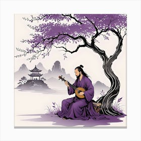 Chinese Landscape With Musician Under A Tree, Purple, Black and White Canvas Print