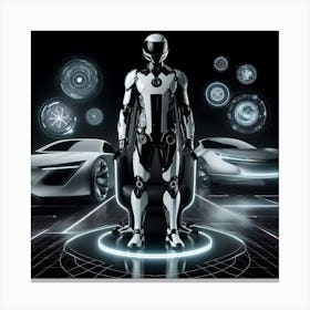 Futuristic Man Standing In Front Of Futuristic Cars Canvas Print