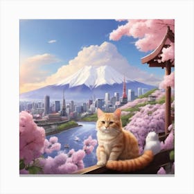 Cat And Cherry Blossoms Canvas Print