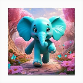 Turquoise Elephant Animated In 3d Strolling Through A Forest Interspersed With Pink Flowers Round Canvas Print