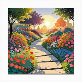 Colorful Landscape Painting With Flowering Daisies In Naive Art Style (4) Canvas Print