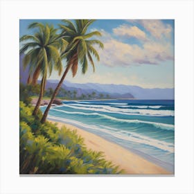 Hawaiian Beach, A Tranquil Beach Scene With Palm Trees And Gentle Waves art print Canvas Print