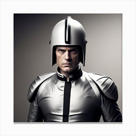 The Image Depicts A Man Wearing A Black And Grey Suit, With A Black Helmet On His Head 1 Canvas Print
