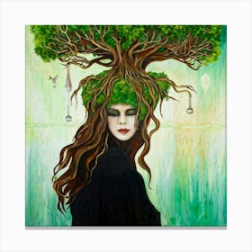 Surreal Painting Of A Woman With A Face Merging With The Gnarled Branches Of A Grand Earthy Tree H Canvas Print