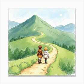 Watercolor Scene Of Frodo And Sam Walking Along A Winding Mountain Path Canvas Print