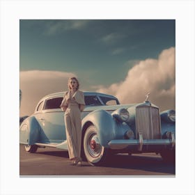 Portrait Of A Woman Standing Next To A Vintage Car Canvas Print