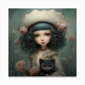 Little Girl with Cat and Flowers Canvas Print