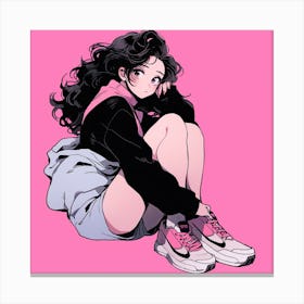 Anime Girl Sitting On Pink Background Canvas Print