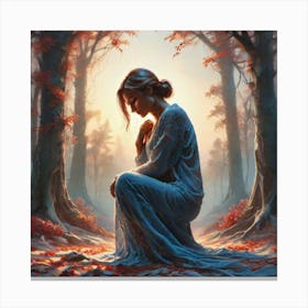 Woman Kneeling In The Woods Canvas Print