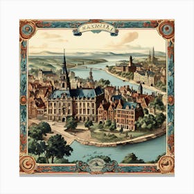 A Vintage Map, Of A Historic City With Ornate Borders And Labels art print 15 Canvas Print