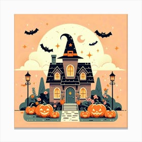 Halloween House With Pumpkins At Night - Cute Vector style Illustration Canvas Print