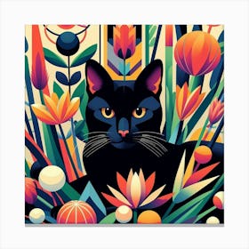 Black Cat In Flowers 2 Canvas Print