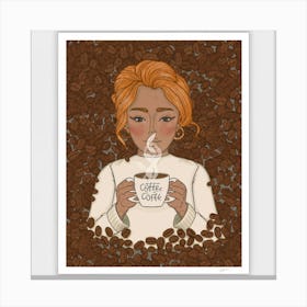 An art print showcasing a detailed and stylized portrait of a coffee connoisseur, surrounded by swirling coffee beans and steam, capturing the essence of the love for coffee culture. This unique and cozy art print is perfect for caffeine enthusiasts and those seeking a warm and inviting atmosphere in their home decor. Canvas Print