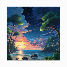 Serene Sunset View Through a Lush Forest by the Seashore at Dusk Canvas Print