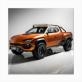 A Sleek, Vibrant Orange Lamborghini Urus, Extensively Modified With A Full Body Kit, Transformed Into A Rugged Pickup Truck With A Sturdy Rear Bed, Aggressive Wheel Wells, And A Distinctive Bumper, Featuring Sharp, Angular Lines 2 Canvas Print