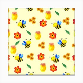 Seamless Honey Bee Texture Flowers Nature Leaves Honeycomb Hive Beekeeping Watercolor Pattern Canvas Print