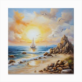 Oil painting design on canvas. Sandy beach rocks. Waves. Sailboat. Seagulls. The sun before sunset.34 Canvas Print