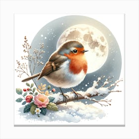 Robin sitting on a snowy branch with the moon Canvas Print